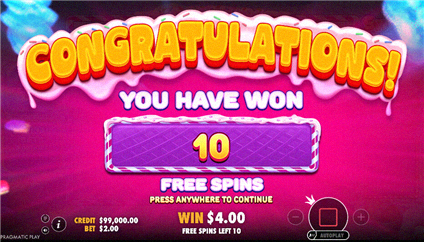 Sweet Rush Bonanza schermata attivazione 10 Free Spin