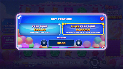 Sweet Rush Bonanza acquisto Free Spin dialogo opzioni